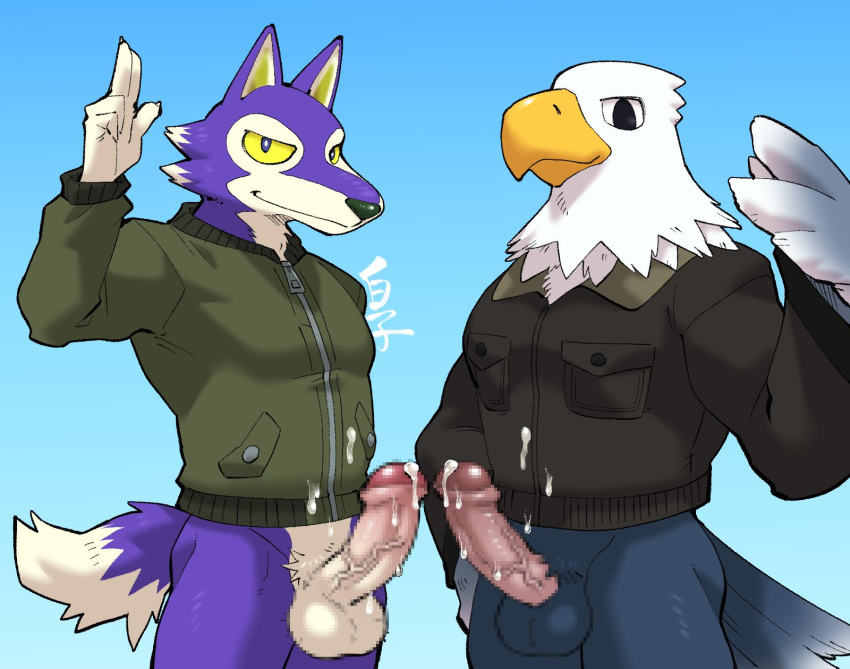 2boys 41raco accipitrid accipitriform animal_crossing anthro apollo_(animal_crossing) avian bald_eagle bird bodily_fluids bottomless canid canine canis clothed clothing cum cum_on_clothing cum_on_penis duo eagle erection foreskin genital_fluids genitals greeting hi_res humanoid_genitalia humanoid_penis kirupi lobo_(animal_crossing) male male_only mammal nintendo penis sea_eagle shirako video_games wolf