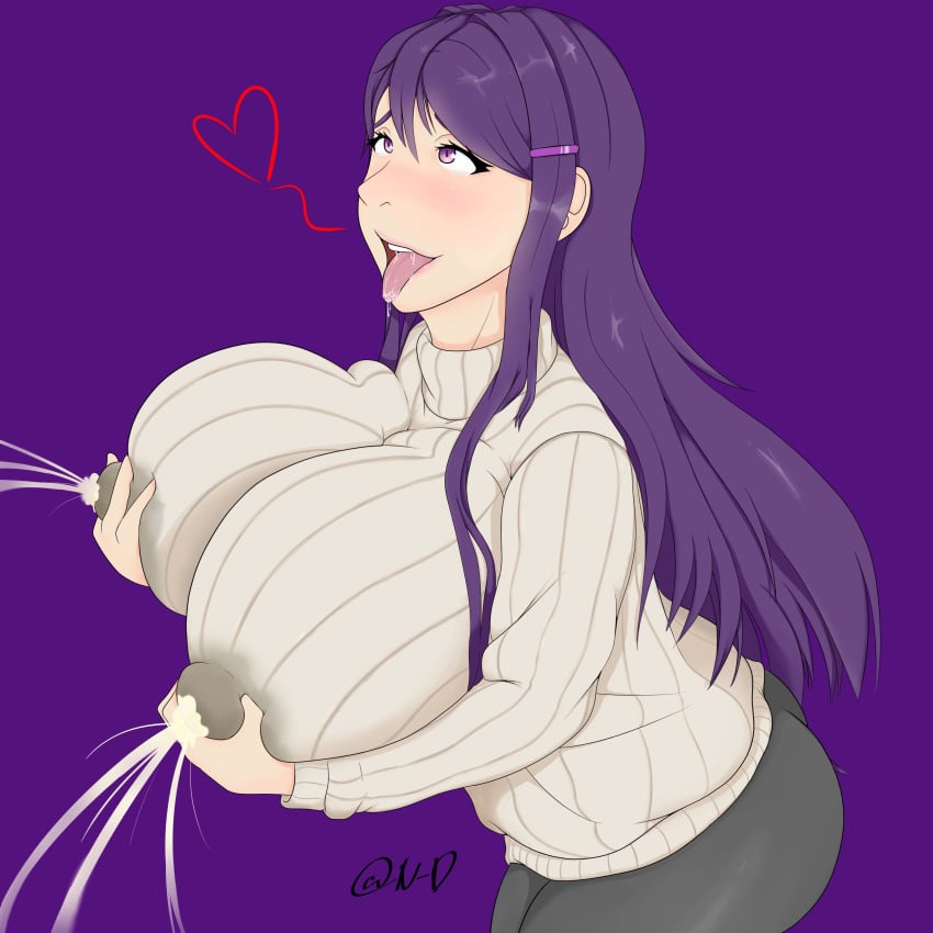 1girls ass big_breasts breasts breasts_bigger_than_head clothed clothing doki_doki_literature_club female female_only huge_breasts hyper hyper_breasts lactating lactation lactation_through_clothes light-skinned_female light_skin long_hair milk negative_din nipples_visible_through_clothing purple_background purple_hair solo solo_female wet yuri_(doki_doki_literature_club)