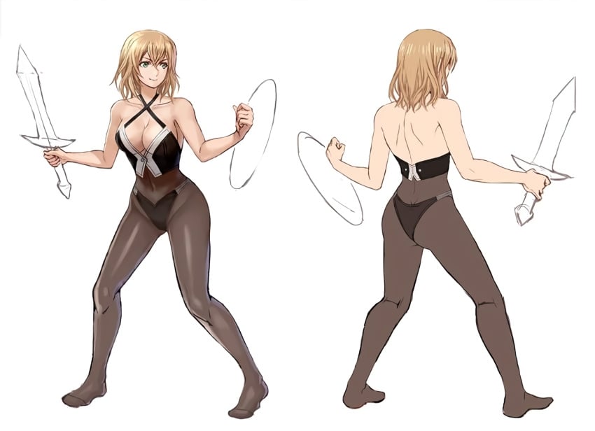 alluring blonde_hair bra_and_pantyhose cassandra_alexandra character_sheet concept concept_art green_eyes light-skinned_female light_skin panties_under_pantyhose pantyhose project_soul silf soul_calibur soul_calibur_ii soul_calibur_iii soul_calibur_vi sword_and_shield voluptuous weapon