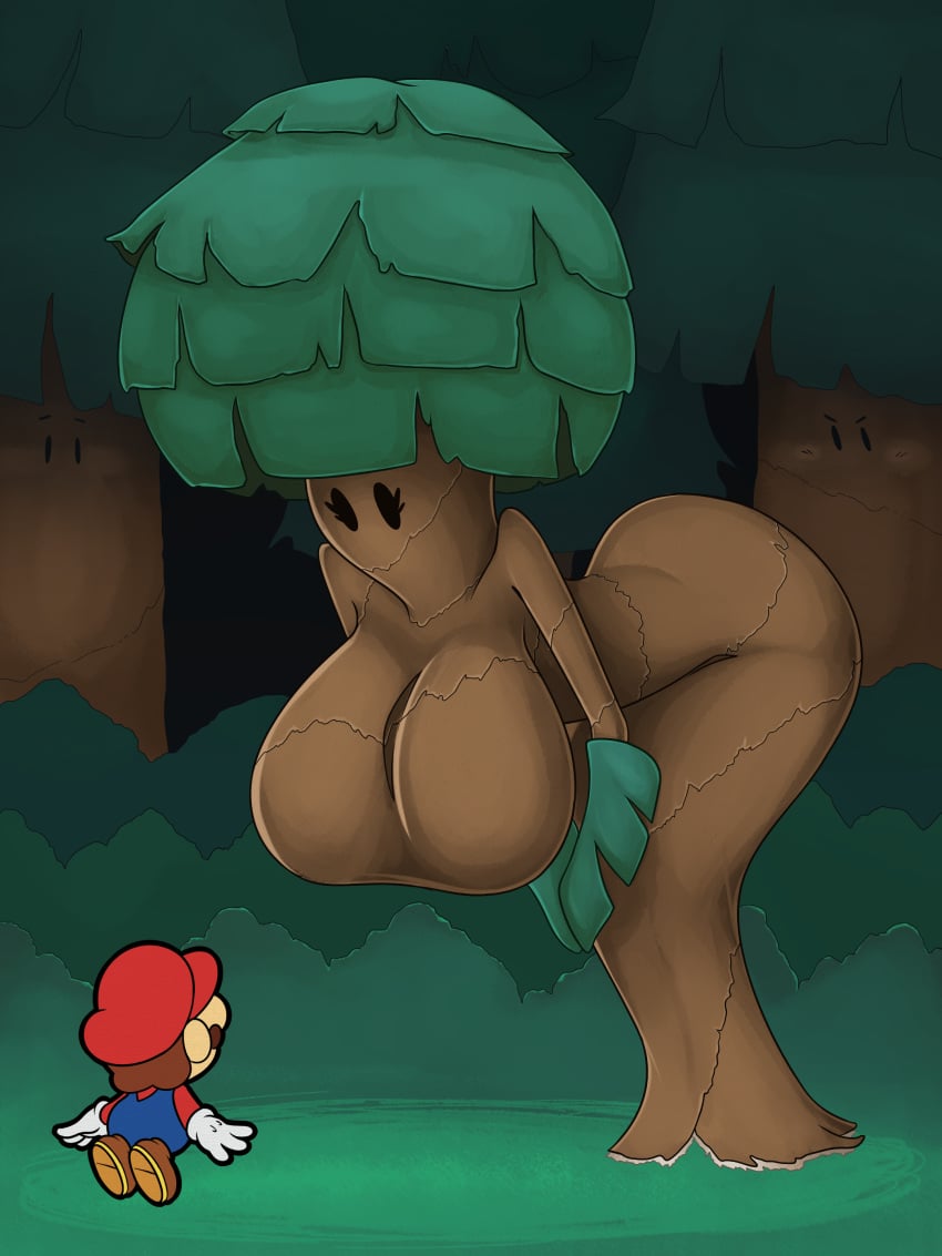 1boy 1girls agal1502 bending_forward big_ass big_breasts clothed clothed_male_nude_female dot_eyes flora_fauna forest giantess imminent_sex leaning_forward mario mario_(series) mob_face nintendo paper_mario paper_mario:_the_origami_king plant_girl sap_sister simple_eyes tree tree_girl