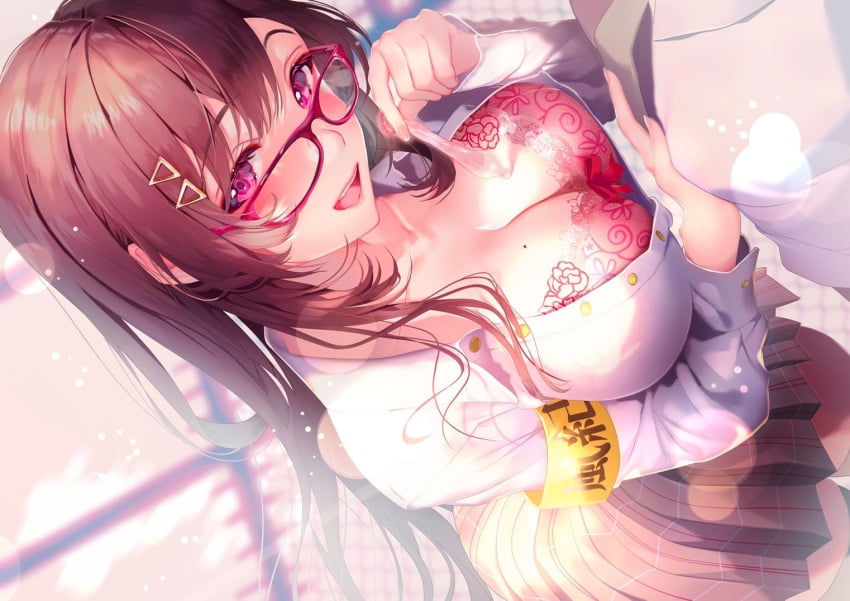 armband bangs bra breasts brown_hair brown_skirt cleavage collarbone collared_shirt condom dutch_angle female glasses holding holding_condom inushima lace lace_bra large_breasts lens_flare lips long_hair looking_at_viewer mole mole_on_breast open_mouth original partially_unbuttoned pink-framed_eyewear pink_background pink_eyes plaid plaid_skirt pleated_skirt shirt skirt smile solo teeth thighhighs thighs underwear upper_teeth used_condom white_shirt zettai_ryouiki