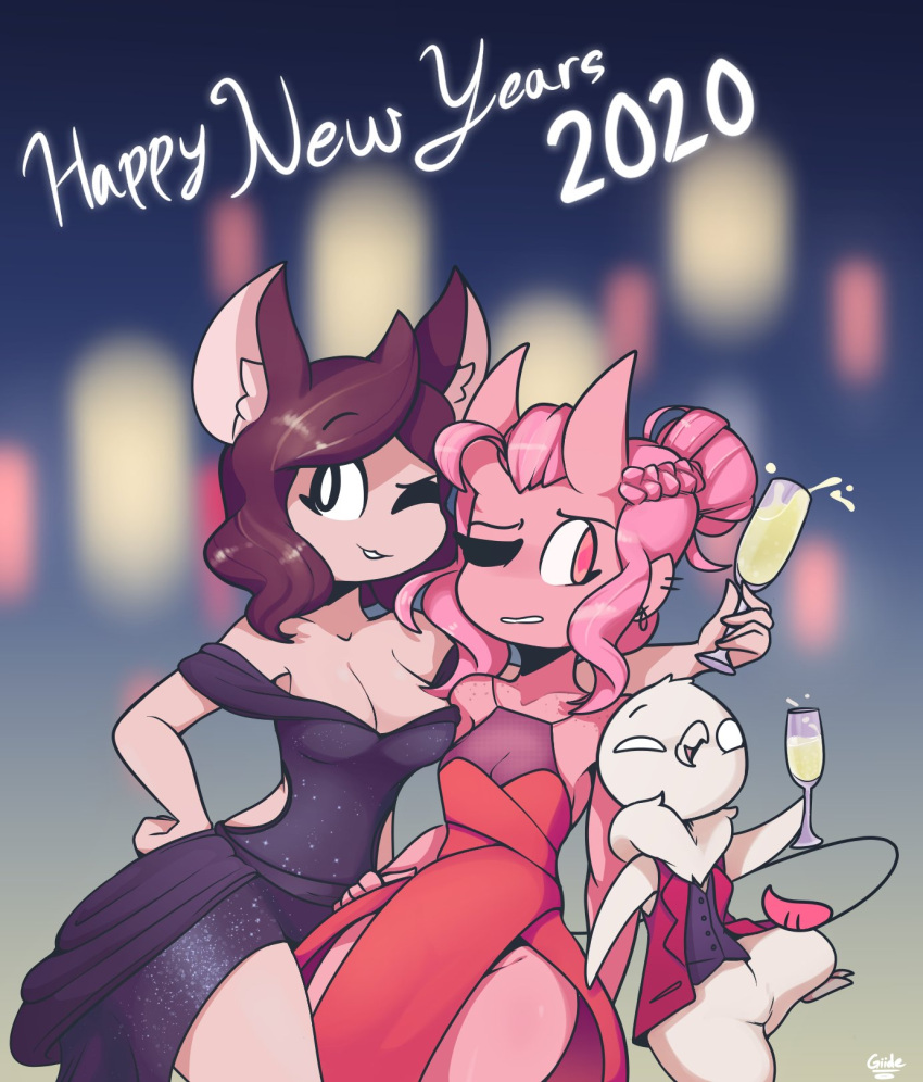 1boy 2020 2girls aiko_(giidenuts) anthro avian avian_humanoid bottomless_male carrie_(giidenuts) celebration champagne cleavage dress female fully_clothed giidenuts glass happy happy_new_year male one_eye_closed original party ponytail pose riley_(giidenuts) short_hair signature thighs wink