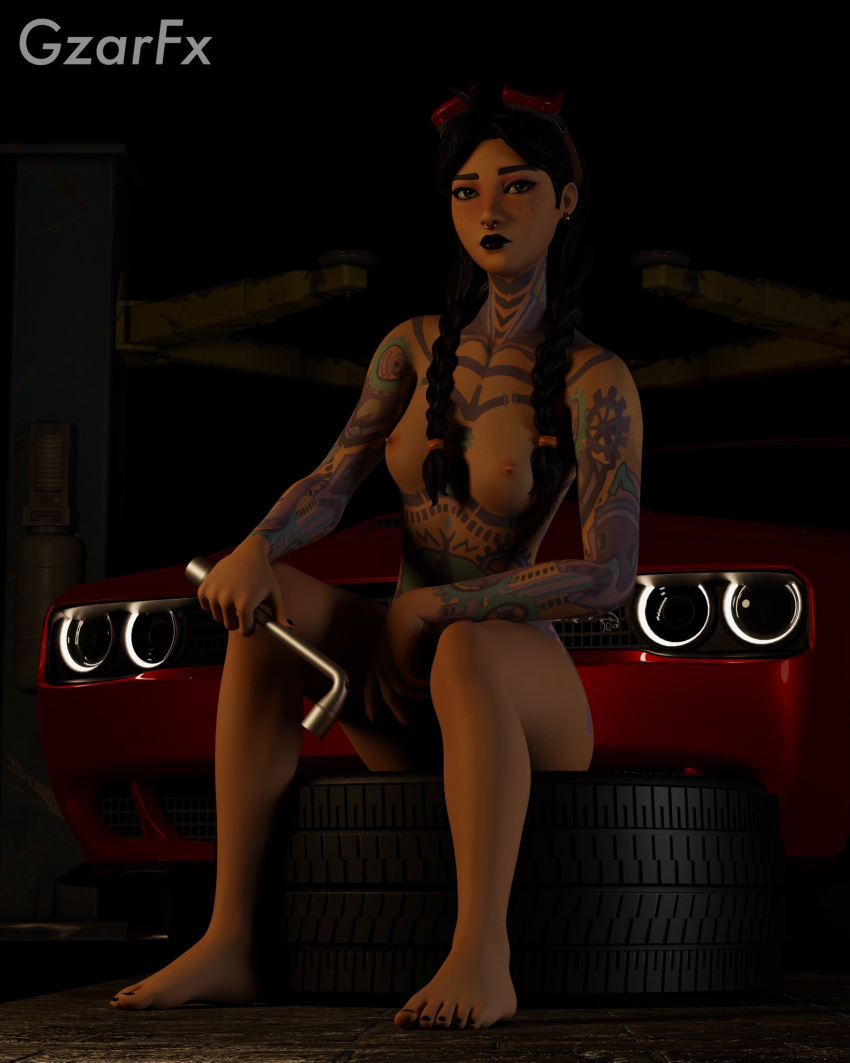 1girls 3d black_hair black_nails blender breasts car dodge dodge_(brand) dodge_challenger female fingernails fortnite freckles goggles goggles_on_head gzarfx jules_(fortnite) light-skinned_female light_skin mustang nail_polish nipples nose_piercing nude pussy small_breasts solo tattoo tattoos toenail_polish toenails vagina watermark