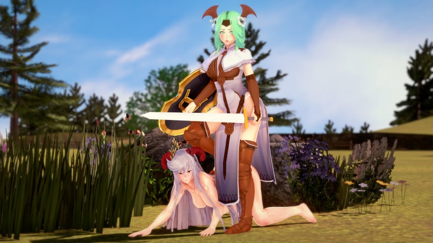 2girls 3d all_fours barefoot boots breasts clothed_female_nude_female completely_nude defeated dume female female_only femdom femsub fire_emblem fire_emblem:_three_houses fire_emblem_heroes freyja_(fire_emblem) green_eyes green_hair grey_hair horns large_breasts long_hair multiple_girls nintendo nipples nude nude_female outdoors pelvic_curtain red_eyes rhea_(fire_emblem) seiros_(fire_emblem) shield stepped_on sword very_long_hair weapon yuri