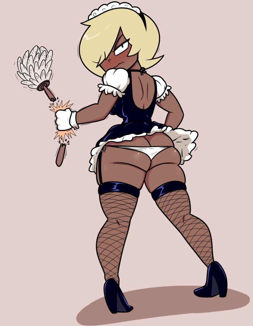 angry_face ass back back_view backside blonde_hair dark-skinned_female dark_skin embarrassed fishnets garter_straps high_heels looking_at_viewer looking_back looking_over_shoulder maid maid_uniform ok_k.o.!_let's_be_heroes panties terrible_the_drawfag upskirt yellow_technique