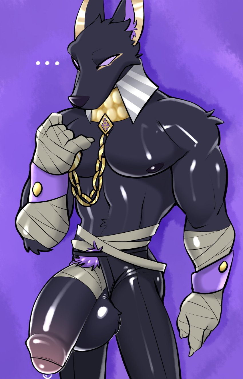 1boy absurd_res anthro anubian_jackal anubis artisticwolfie balls big_balls big_penis black_body black_nipples bodily_fluids canid canine canis deity dislyte drew_(dislyte) egyptian egyptian_mythology genital_fluids genitals gold_(metal) gold_jewelry hi_res jackal jewelry male male_focus male_only male_solo mammal middle_eastern_mythology muscular muscular_male mythology nipples penis precum pubes purple_eyes solo tsukielewds uncut