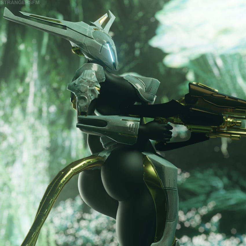 ass bungie destiny_(game) detailed_background female glowing glowing_eyes gold_(metal) gun hi_res humanoid machine metallic_body multi_tail no_humans presenting ranged_weapon robot robot_humanoid solo solo_focus strangersfm vex_(destiny) weapon