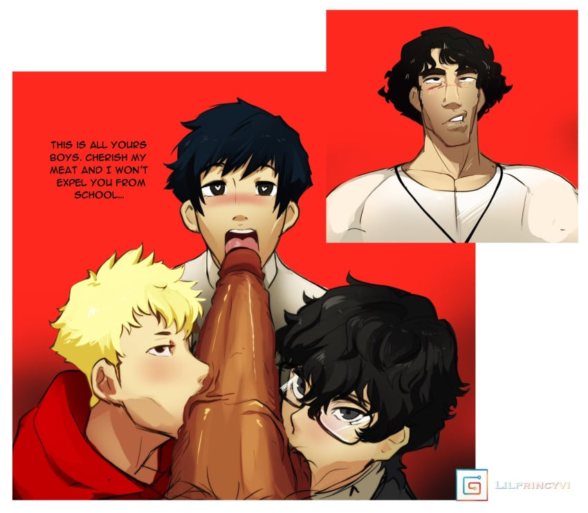 blonde_hair blush coach dark_blue_hair dark_hair dom_pov foursome gay glasses gym_teacher heart-shaped_pupils huge_cock licking_penis licking_tip lilprincyvi long_penis male male_only persona persona_5 red_hoodie ren_amamiya ryuji_sakamoto sharing_penis short_hair sucking_balls sucking_testicles suguru_kamoshida teacher_and_student top_pov veiny_penis verbal verbal_domination white_t-shirt yaoi yuuki_mishima