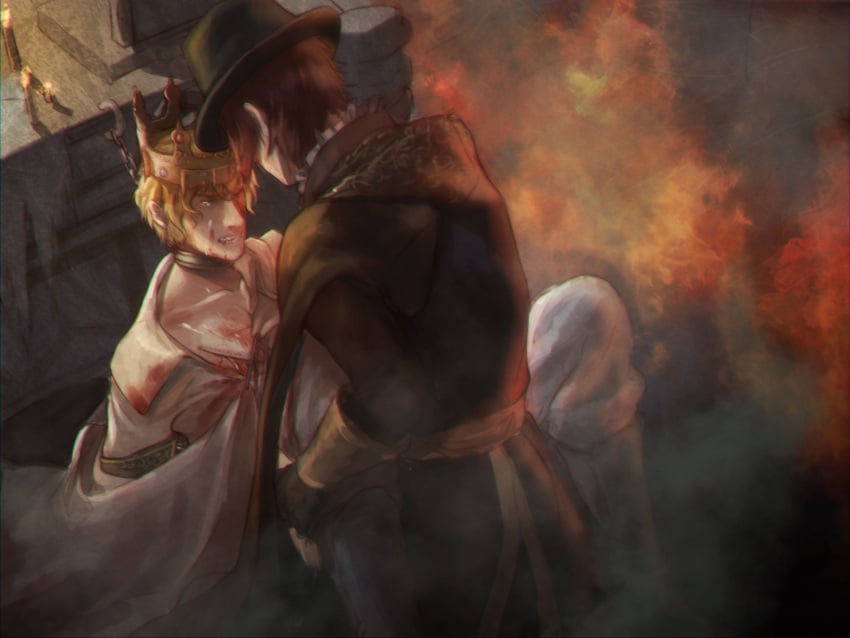 2boys alfred_(bloodborne) bai_rui blonde_hair blood blood_stain bloodborne candles chain_leash chained chains clenched_hand clothed_sex collar crown cum_on_chest cum_on_face cuts fromsoftware gay holding_waist hunter_(bloodborne) implied_anal implied_sex looking_at_another male male_only questionable_consent restrained yaoi