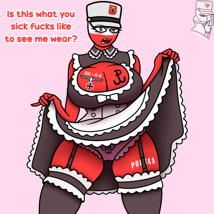 annoyed ass big_ass big_breasts big_butt blush breasts countryhumans countryhumans_girl ech0chamber english_text iron_cross looking_at_viewer maid maid_uniform military_hat poland_(countryhumans) skirt symbol tagme thick_thighs thighhighs watermark