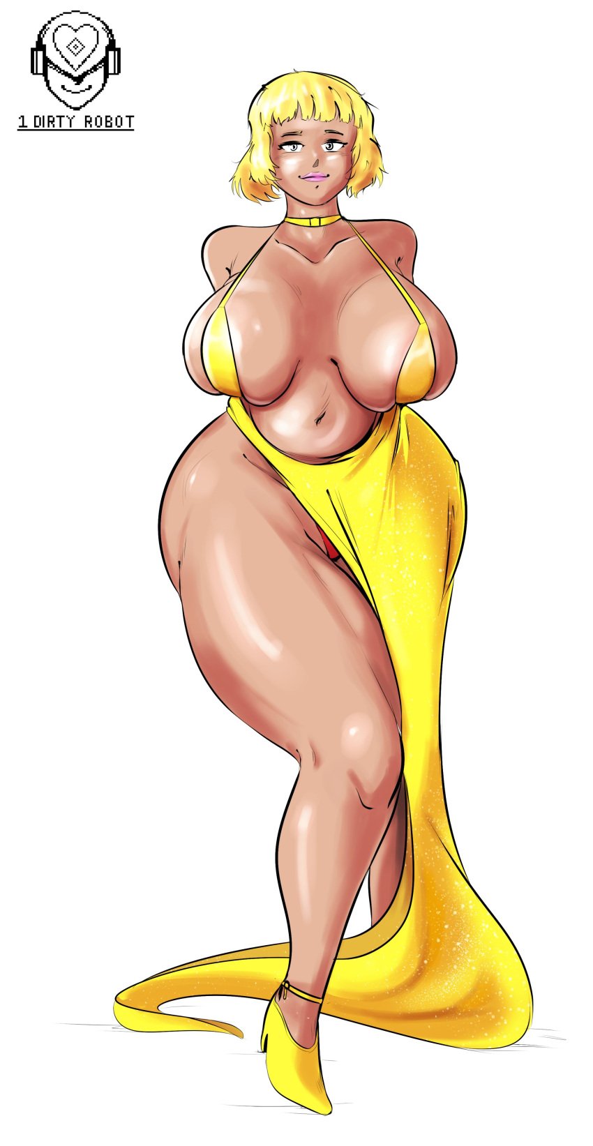 1dirtyrobot 1girls artist_name artist_signature big_breasts blonde_hair daphne_dress dress high_heels huge_breasts light-skinned_female light_skin meme_attire mostly_clothed no_bra panties revealing_clothes short_hair simple_background thick_thighs white_background wide_hips yellow_dress