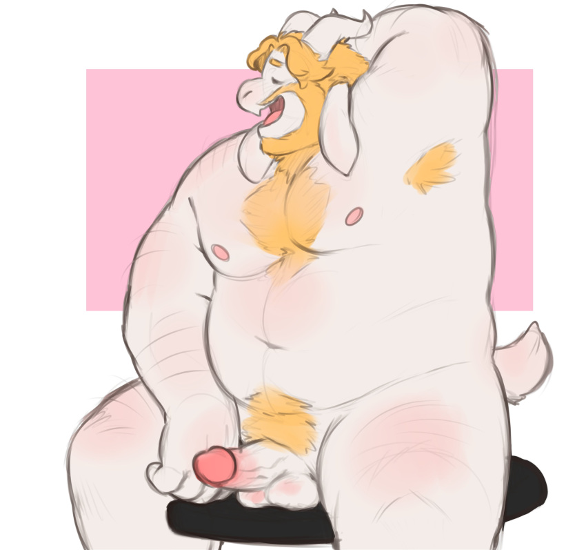 2022 absurd_res anthro asgore_dreemurr balls belly big_belly bovid bovine closed_eyes erection genitals hi_res humanoid_genitalia humanoid_hands humanoid_penis lustyshu male male_only mammal moobs navel nipples overweight overweight_male penis sitting solo undertale_(series)