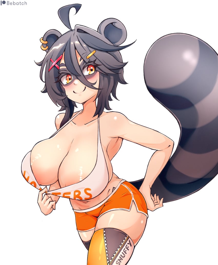 animal_ears areola areola_slip areolae bebatch blush breasts crop_top earrings female female_focus female_only grey_hair hooters huge_breasts indie_virtual_youtuber midriff nipples orange_eyes paizuri_invitation pulling_shirt raccoon_ears raccoon_girl raccoon_tail shirt_tug short_hair short_shorts shorts smile snuffy tail tattoo thick_thighs thighs virtual_youtuber wide_hips