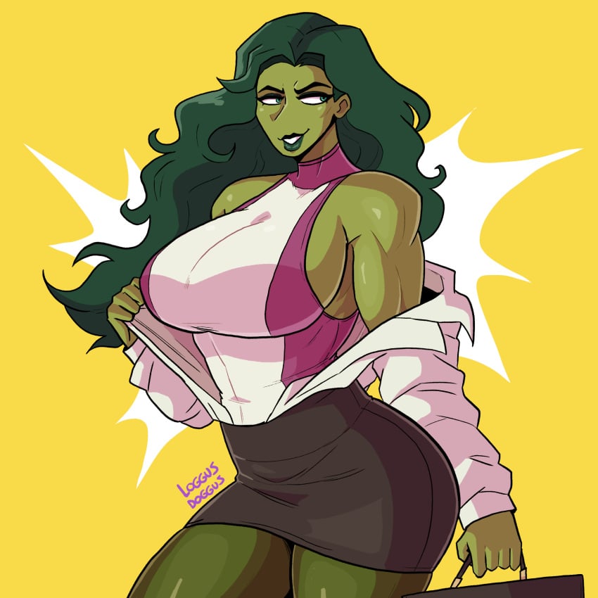 1girls big_breasts business_suit business_woman clothed confident female female_only green_body green_eyes green_hair green_skin huge_breasts hulk_(series) large_breasts leotard loggus_doggus long_hair marvel marvel_comics miniskirt muscular muscular_female office_lady opening_shirt pencil_skirt ripping_clothing she-hulk skirt solo suit suitcase superheroine taking_clothes_off toned_body toned_female voluptuous voluptuous_female