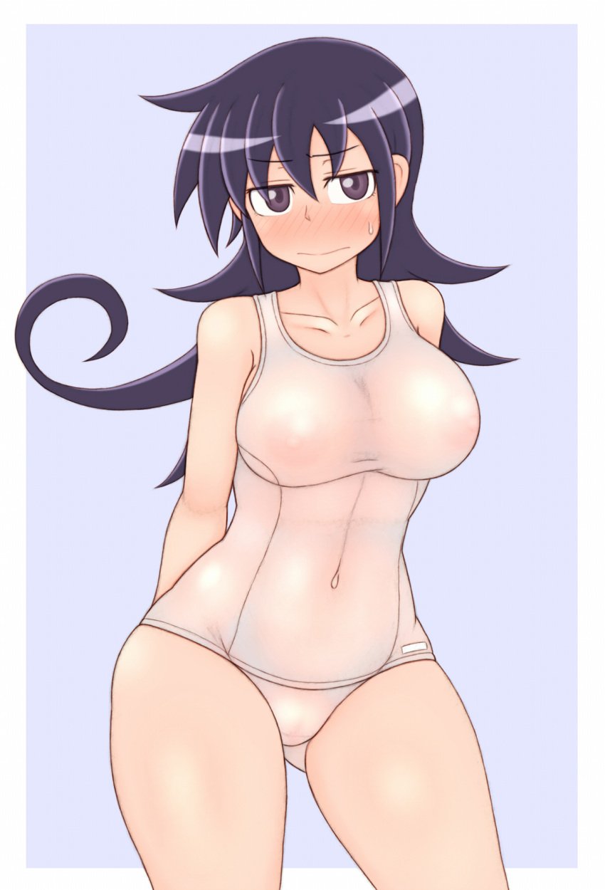 big_breasts black_hair blush blush_lines blushing blushing_at_viewer duel_masters embarrassed looking_at_viewer purple_eyes purple_hair see-through_clothing see-through_swimsuit sukumizu tagme tasogare_mimi thick_thighs