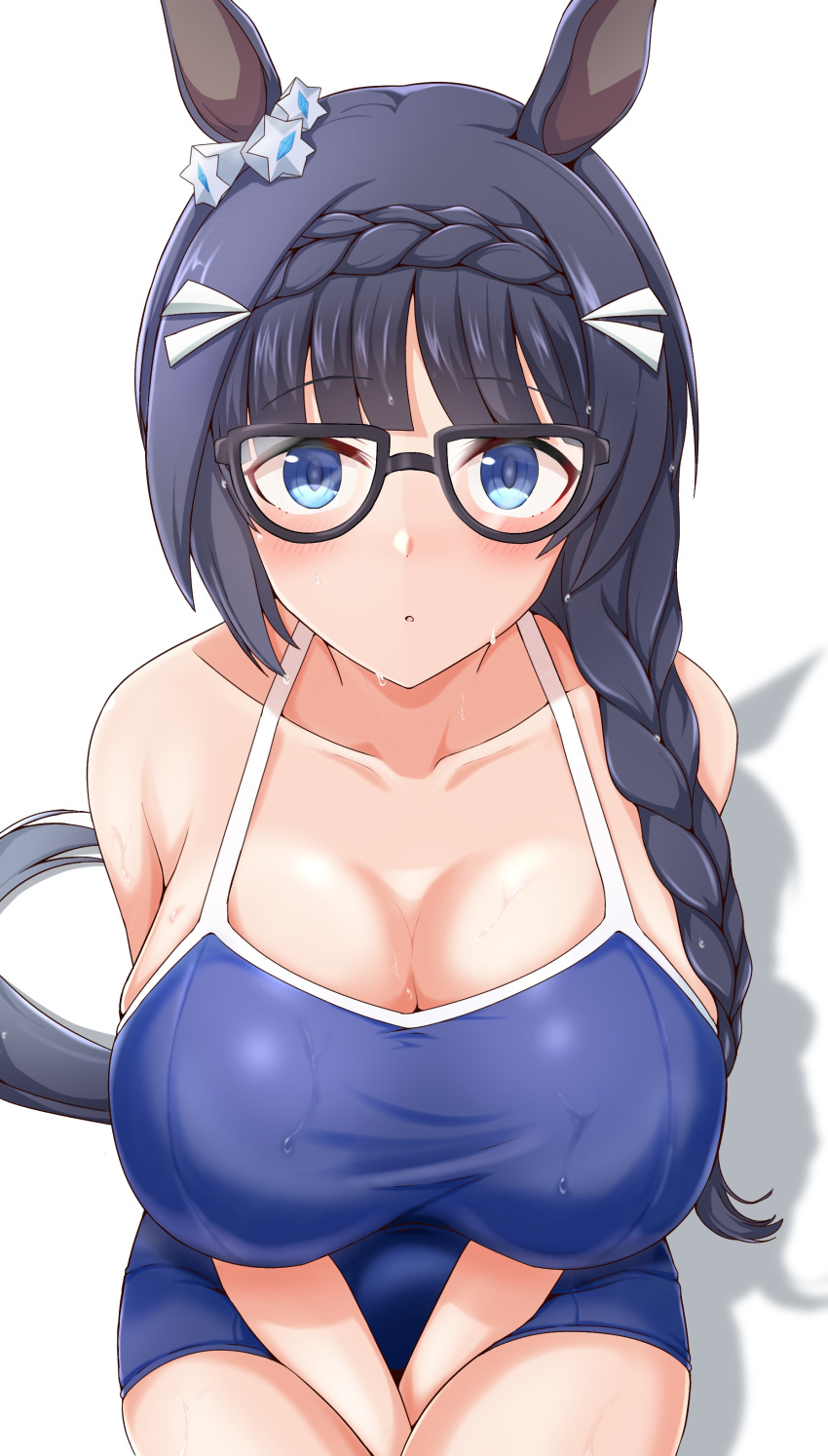 absurdres animal_ears bangs between_legs blush braid breasts cleavage collarbone commentary_request female glasses hair_ornament hand_between_legs highres horse_ears large_breasts raindrop746079 school_swimsuit side_braid simple_background solo swimsuit umamusume white_background zenno_rob_roy_(umamusume)