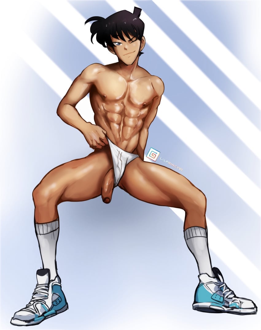 1boy dark_hair detective_conan dick_slip gay legs_apart legs_spread lilprincyvi male male_focus male_only manspreading penis_slip penis_through_leghole shinichi_kudo shoes shoes_on sitting socks socks_on sole_male solo spread_legs uncensored underwear underwear_aside winking_at_viewer yaoi