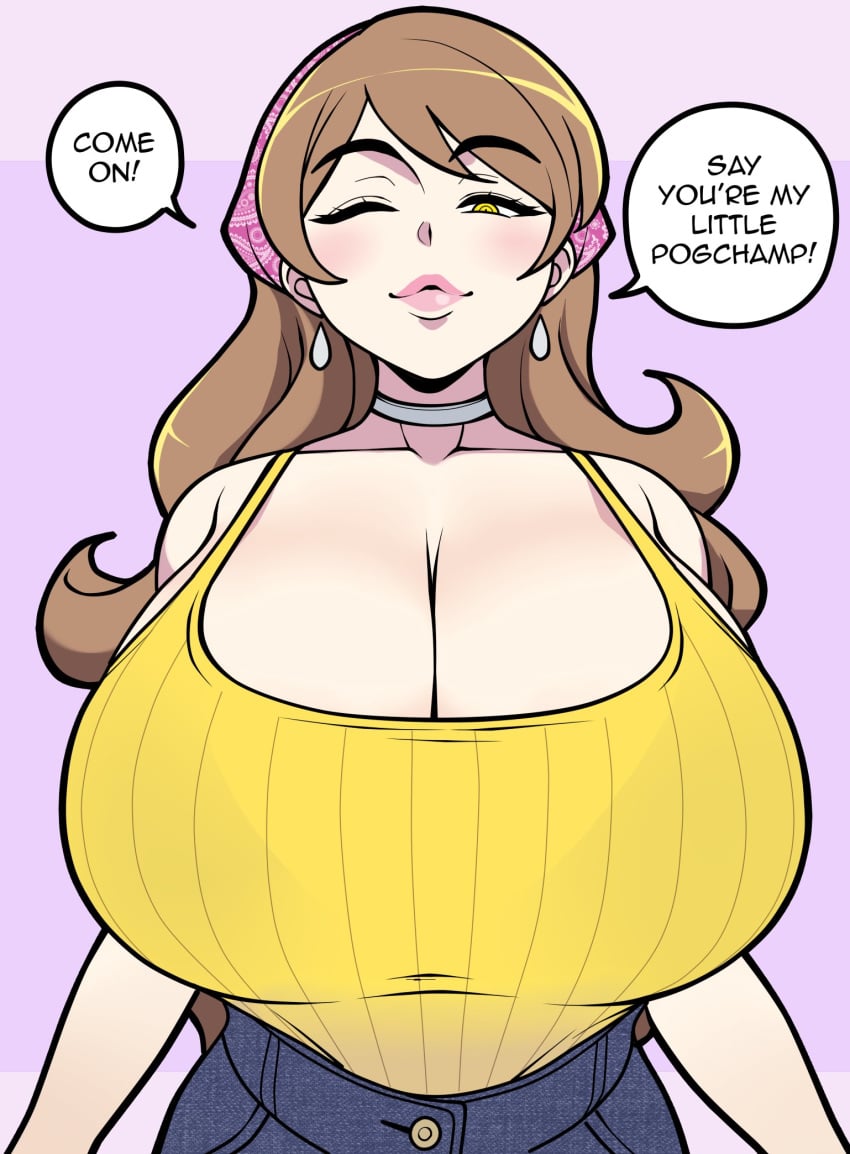 1girls big_breasts bra bra_visible_through_clothes brown_hair celine_(jam-orbital) cleavage collar dominant_female earrings huge_breasts jam-orbital jeans light-skinned_female light_skin lips lipstick mature_female meme my_little_pogchamp_(meme) original simple_background solo tagme tank_top yellow_eyes