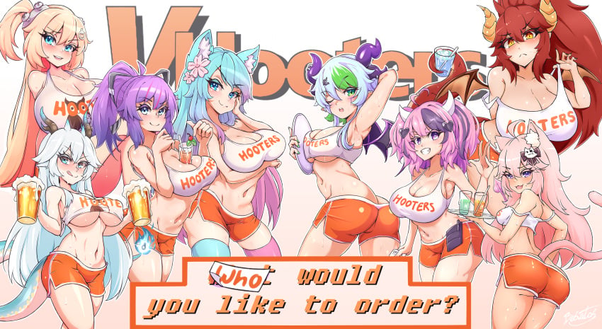 2020s 2022 animal_ears armpits ass ass_cleavage bare_shoulders bebatch beer big_ass blonde_hair blue_eyes blue_hair blush breast_lift butt_crack cat_ears cat_girl cat_tail cleavage crop_top demon demon_girl demon_horns dolphin_shorts dragon_girl dragon_tail drink_on_breasts drinking_glass female_only flower flower_in_hair froot glass gradient_hair green_eyes green_hair group hair_ornament hair_ribbon hime_hajime hooters hooters_uniform horns huge_ass huge_breasts ironmouse large_breasts licking_lips long_hair looking_at_viewer melody_(projektmelody) midriff multicolored_hair navel nyatasha_nyanners one_eye_closed open_mouth painted_nails pastel pink_hair ponytail projektmelody prostitution purple_eyes purple_hair red_hair serving_tray short_hair short_shorts shorts shortstack side_ponytail side_slit silvervale small_breasts smile strap_slip succubus sweat tail take_your_pick tapioca_challenge thick_thighs thighhighs thighs tomboy tongue tongue_out twisted_torso two-tone_hair veibae very_long_hair virtual_youtuber vshojo waitress white_hair wide_hips wolf_ears wolf_girl wolf_tail yellow_eyes zentreya