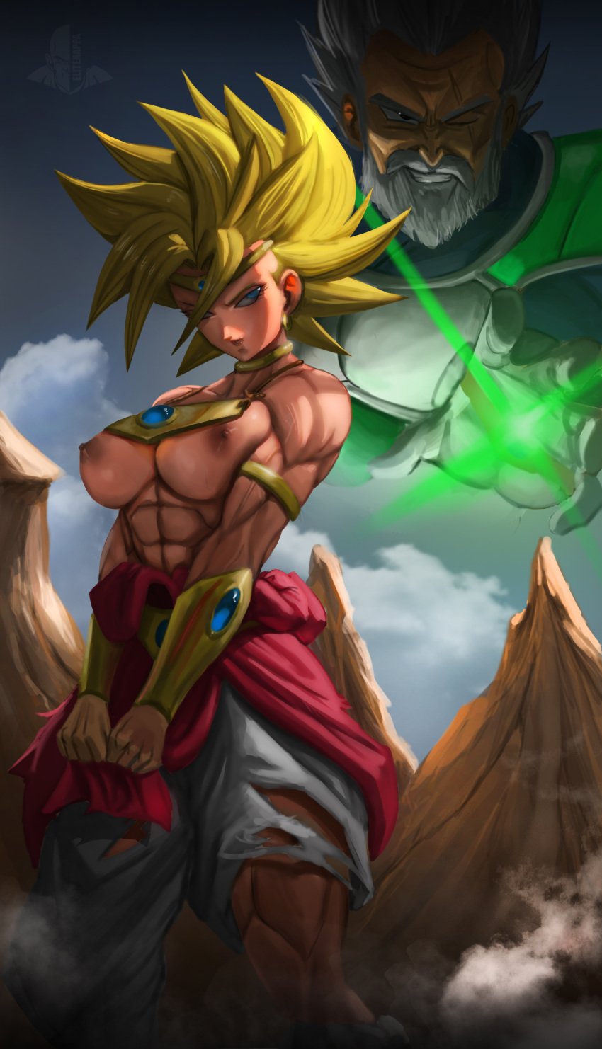 1boy 1girls abs armband armor beard big_breasts blonde_hair blue_eyes bracers breasts broly_(cosplay) circlet collar dragon_ball dragon_ball_super ear_piercing earrings elitenappa female female_saiyan kale legendary_super_saiyan looking_at_viewer male missing_eye muscular_female nipples paragus piercing saiyan smile smirk super_saiyan thick_thighs topless torn_clothes torn_clothing