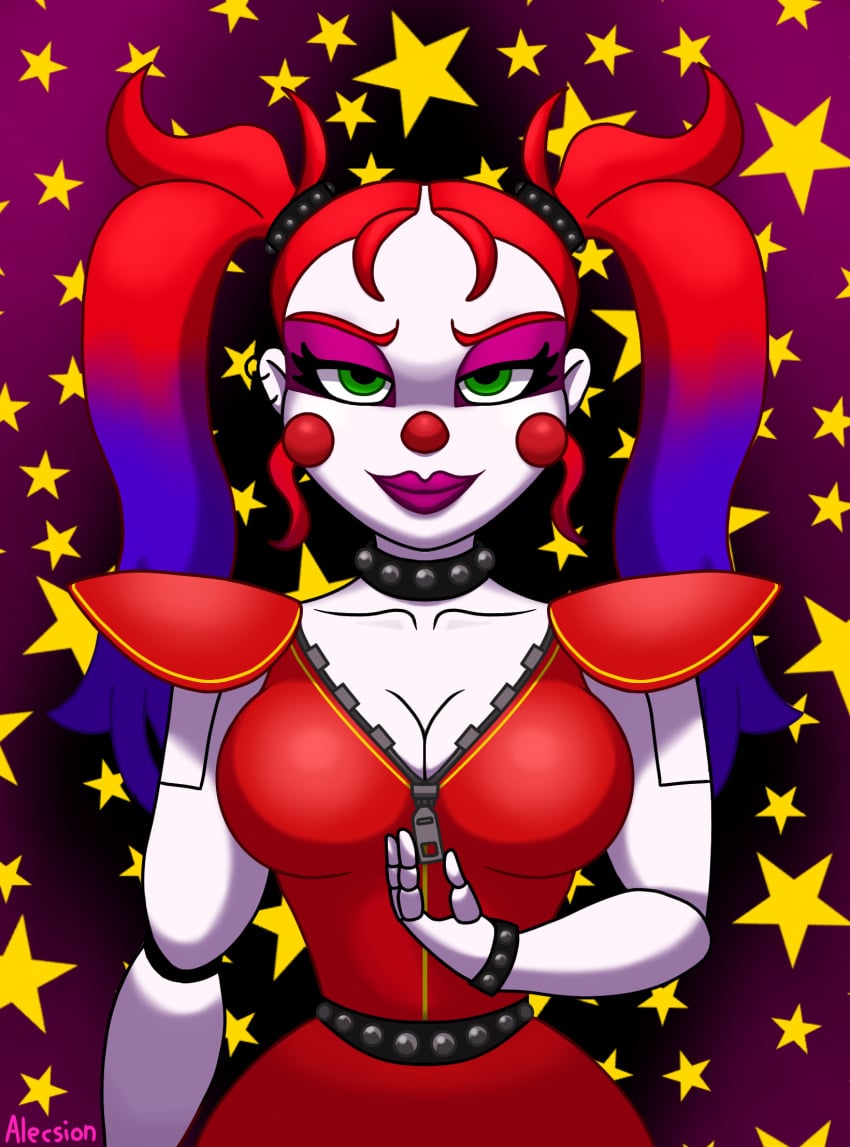 alecsion animatronic baby_(fnafsl) circus_baby circus_baby_(fnaf) cleavage clown dyed_hair five_nights_at_freddy's five_nights_at_freddy's:_security_breach five_nights_at_freddy's:_sister_location fully_clothed green_eyes robot_humanoid