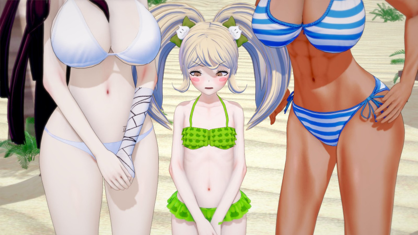 2022 3d 3d_(artwork) 3girls alternate_version_available bandage beach beach_background biceps big_breasts bikini blonde_hair blue_and_white_striped_bikini blue_and_white_striped_bikini_bottom blue_and_white_striped_panties blue_and_white_stripped_panties breast_envy brown_hair danganronpa danganronpa_2:_goodbye_despair danganronpa_s:_ultimate_summer_camp dark-skinned_female female female_only flat_chest flat_chested green_bikini green_bikini_bottom green_bikini_top hair_ribbon hair_ribbons jedash01 koikatsu light-skinned_female light_skin long_hair mole mole_under_eye muscular muscular_female orange_eyes owari_akane pale-skinned_female palm_tree petite petite_body ponytails purple_hair saionji_hiyoko sand sea short_hair sky small_breasts smaller_female straight_hair striped_bikini swimsuit tanned tanned_female tanned_skin tattoo tsumiki_mikan white_bikini white_bikini_bottom white_bikini_top