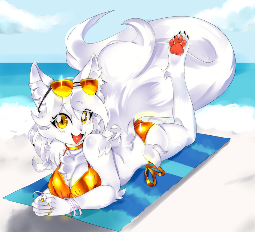 1girls :3 anthro ass background beach beach_towel big_breasts bikini breasts cleavage clothed clothing cloud clouds color colored eyewear_on_head female female_only fluffy fluffy_tail fur furry furry_only gold_bikini gold_clothing gold_sunglasses golden_clothing hi_res laying_on_front lying nail_polish open_mouth pawpads paws pink_tongue pkbunny pkrabbithole psibunny sky solo solo_female sunglasses sunglasses_on_head tail tongue white_fur yellow-tinted_eyewear yellow_eyes