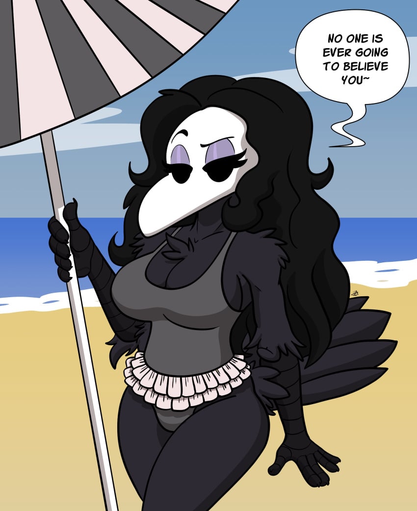 1girls anthro ass background beach bird bird_girl bird_humanoid black_body breast clothed clothing curvy_female curvy_figure dialogue english_text female female_only furry furry_only half-dressed half_naked harry_amorós hi_res ingrid_the_plague_doctor plague_doctor plague_doctor_mask swimsuit text