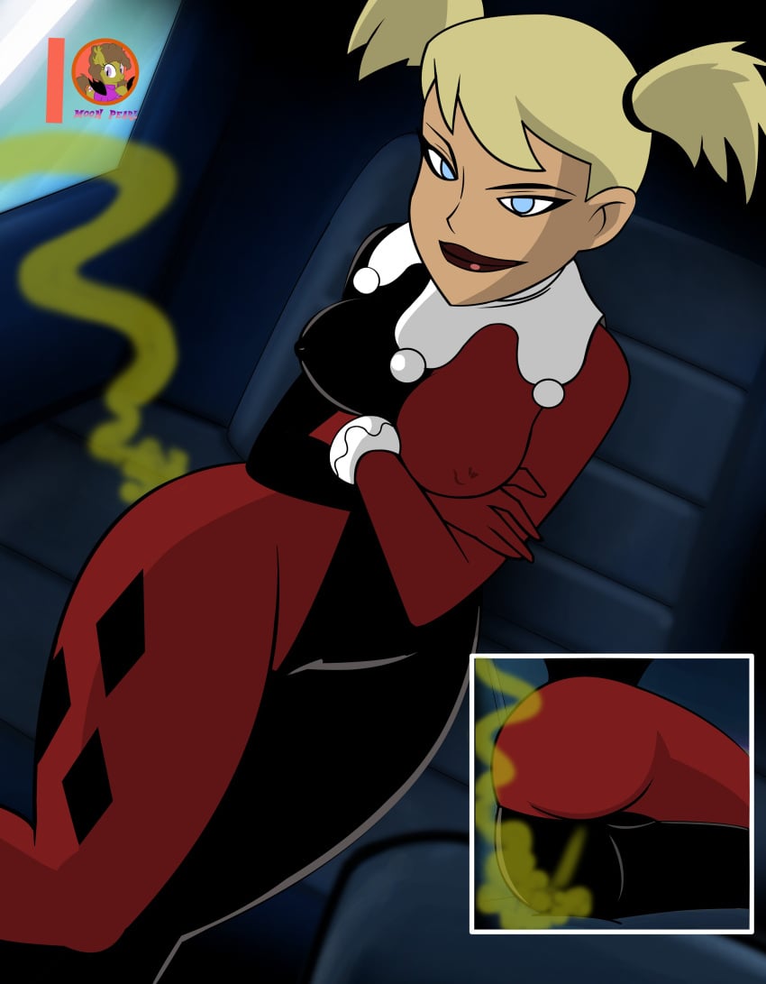 ass ass_focus batman:_the_animated_series batman_(series) blonde_hair blue_eyes breasts bubble_butt clown clown_girl costume crossed_arms dc dc_comics dcau fart fart_cloud fart_fetish farting female hair_tie hair_tied harley_quinn harley_quinn_(classic) huge_ass indoors large_ass large_breasts moon_pearl naughty_face nipples seductive seductive_smile sitting smile thick_ass tied_hair twintails two_tone_clothing warner_brothers