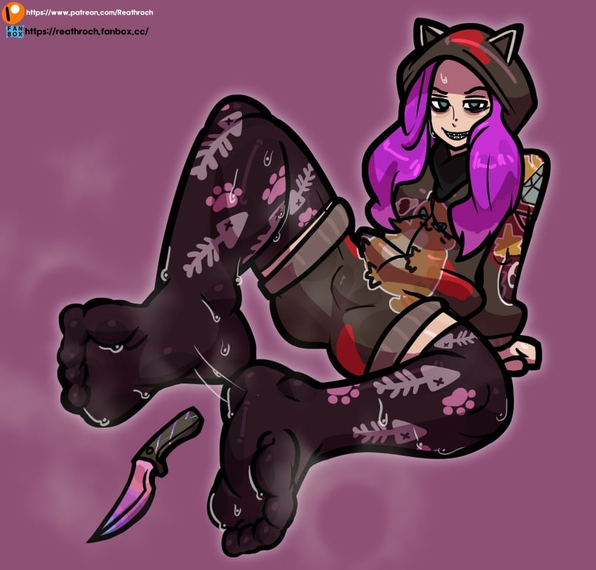 5_toes bandana braces cat_ears_hoodie dbd dead_by_daylight knife leggings nose_piercing purple_hair reathroch shorts smiling_at_viewer susie_(dead_by_daylight) susie_lavoie sweat sweaty_feet the_legion thick_thighs