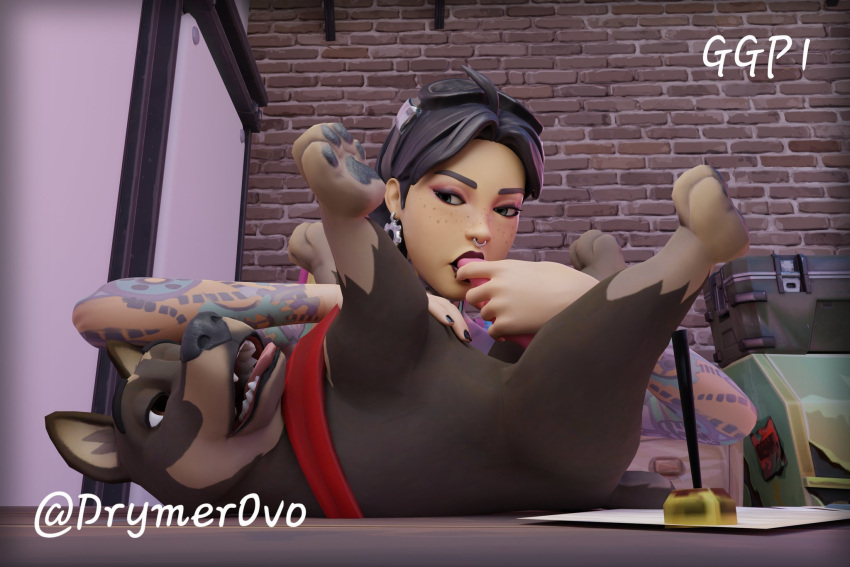 3d ass black_fur black_hair black_nails brown_eyes canine drymerovo fingernails fortnite jules_(fortnite) knot knotted_cock knotted_penis nail_polish puppy red_sash sucking_penis tattoo zoophilia