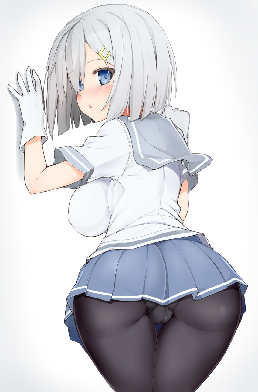 absurdres ass blue_eyes breasts commentary_request crotch_seam female hair_ornament hair_over_one_eye hairclip hamakaze_(kantai_collection) highres kantai_collection large_breasts light_skin natsuki_straight panties panties_under_pantyhose pantyhose pantylines school_uniform serafuku short_hair short_sleeves silver_hair solo underwear