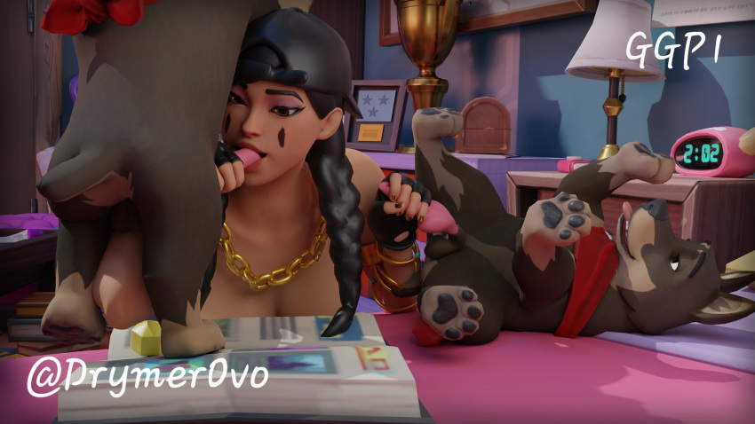 2dogs 3d ass aura_(fortnite) black_fur black_hair black_hat braided_hair brown_eyes canine cap drymerovo female fortnite gold_chain gold_jewelry handjob hat jerking knot knotted_cock knotted_penis puppy red_sash stroking_penis sucking_penis zoophilia