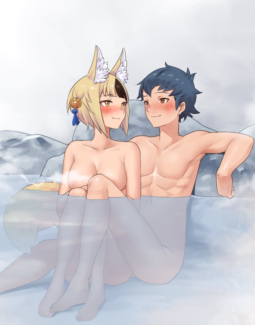 1boy 1girls abs animal_ears bathing blonde_hair blue_hair blush convenient_censoring fire_emblem fire_emblem_fates fox_ears fox_girl fox_tail igni_tion kiragi_(fire_emblem) onsen selkie_(fire_emblem) steam straight toned_male