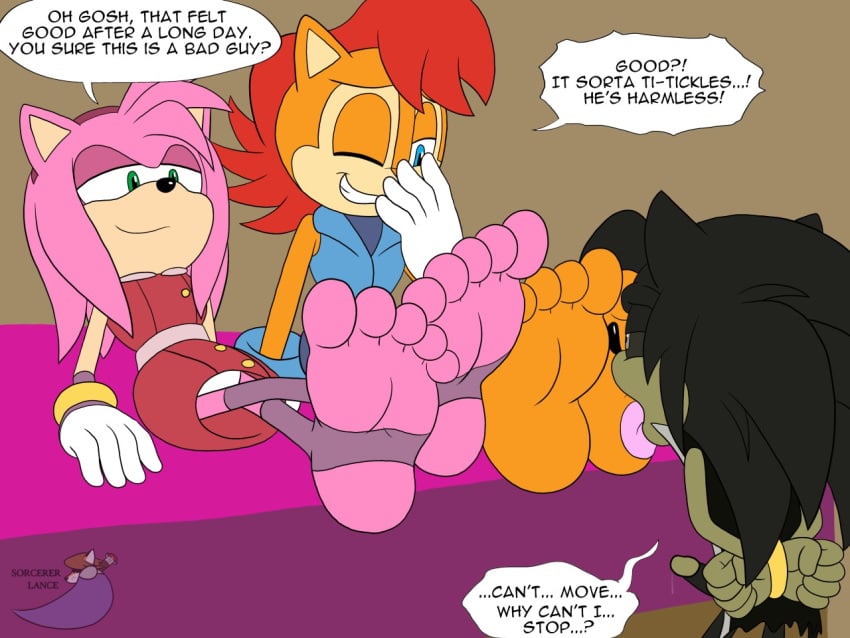 amy_rose anthro archie_comics barefoot bodily_fluids chipmunk clothing eulipotyphlan feet female foot_fetish footwear genital_fluids genitals ground_squirrel group hedgehog licking male mammal penis precum rodent sally_acorn sciurid sega socks soles sonic_(series) sonic_the_hedgehog_(archie) sonic_the_hedgehog_(comics) sorcererlance stirrup_socks toes tongue tongue_out