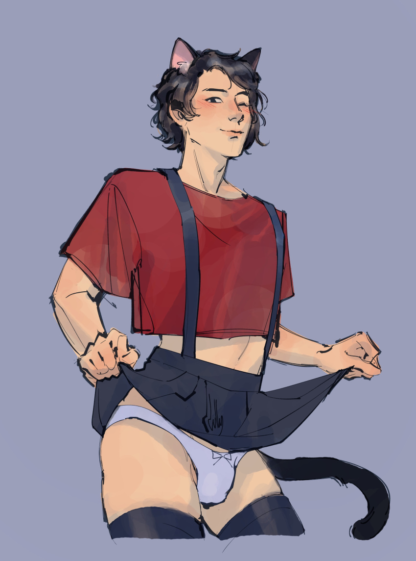 1boy blush bow_panties bulge cat_ears cat_tail catboy crop_top crossdressing femboy japan lifting lifting_skirt lullindo male male_only miniskirt national_personification nationbeingthing panties red_shirt suspenders thighhighs twink wink winking_at_viewer