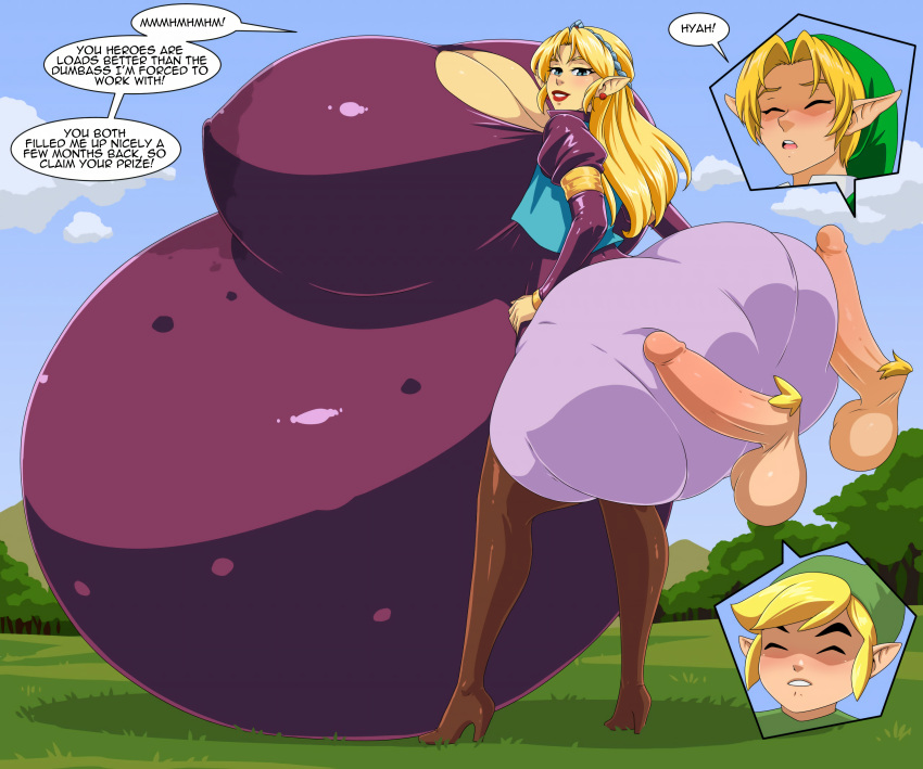 1girls 2boys belly_touching_ground big_belly blonde_hair blue_eyes breasts_bigger_than_head breasts_bigger_than_torso closed_eyes clothed_female dic_entertainment disembodied_penis ear_piercing elf_ears english_text eyes_closed gigantic_ass gigantic_breasts heel_boots heels huge_ass huge_breasts huge_cock hylian hyper hyper_ass hyper_belly hyper_breasts hyper_pregnancy link link_(ocarina_of_time) nintendo ocarina_of_time pregnant princess_zelda pubic_hair reaction_shot ready_to_pop rubbing_penis_on_ass speech_bubble tagme text the_legend_of_zelda the_legend_of_zelda_(cartoon) the_wind_waker thighhigh_boots tight_clothing tights toon_link vest wind_waker zdemian zelda_(cartoon)