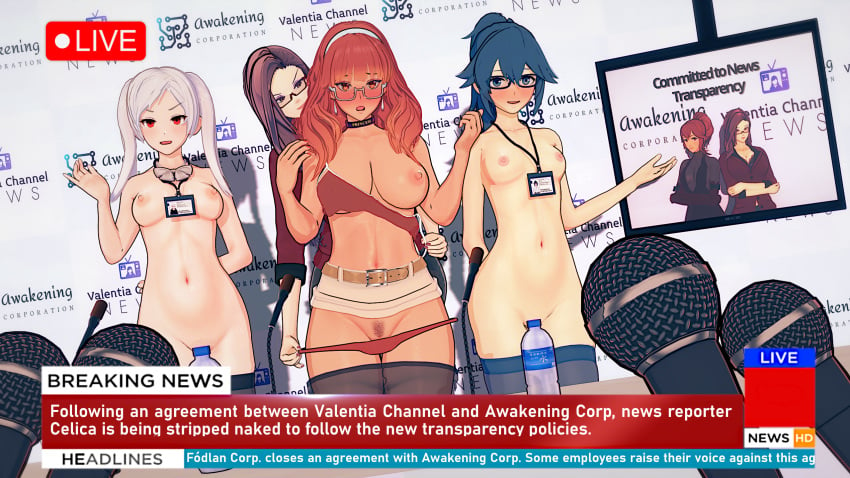 3d 5girls alternate_hairstyle alternate_universe anna_(fire_emblem) anthiese_lima assisted_exposure bare_thighs barely_visible_genitalia barely_visible_pussy blue_eyes blue_hair blush blushing_profusely bottle bra_pull breast_size_difference breasts breasts_out broadcast brown_eyes casual celica_(fire_emblem) cleavage clothed_female clothed_female_nude_female clothed_on_nude collar convenient_censoring crossed_arms dark_skin earrings electronics embarrassed embarrassed_nude_female enf english_text exhibitionism exposed exposed_breasts exposed_midriff exposed_pussy eyewear female female_only female_pubic_hair fire_emblem fire_emblem_awakening fire_emblem_echoes:_shadows_of_valentia fire_emblem_gaiden forced_nudity functionally_nude functionally_nude_female glasses grey_hair grima_(fire_emblem) heavy_blush human id_card landing_strip lanyard large_breasts live_broadcast livestream long_hair lucina_(fire_emblem) makeup medium_breasts medium_hair microphone mostly_nude multiple_girls nail_polish naked_stockings naked_thighhighs neckwear nervous nervous_smile news nintendo nipples nude nude_female office office_lady one_breast_out orange_eyes orange_hair pale_skin panties panty_pull pink_nipples ponytail practically_nude princess pubic_hair public public_nudity purple_hair red_hair red_nails robin_(fire_emblem) robin_(fire_emblem)_(female) royalty ruined_reputation see-through sex_toy shaved_crotch shaved_pussy shy small_breasts sonya_(fire_emblem) symbol-shaped_pupils televised_humiliation text thighhighs thighs tv_screen tv_show twintails undressing vibrator waving yumi_(artist)