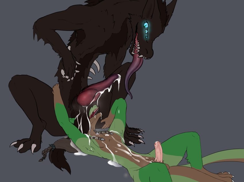 absurd_res anthro anthro_on_feral balls bodily_fluids canid canid_demon cum cum_on_body cum_on_penis demon duo erection feral foreskin genital_fluids genitals hellhound hi_res insan3dragon ludwig_the_sergal male male/male mammal mortuus penis sergal tongue zoophilia