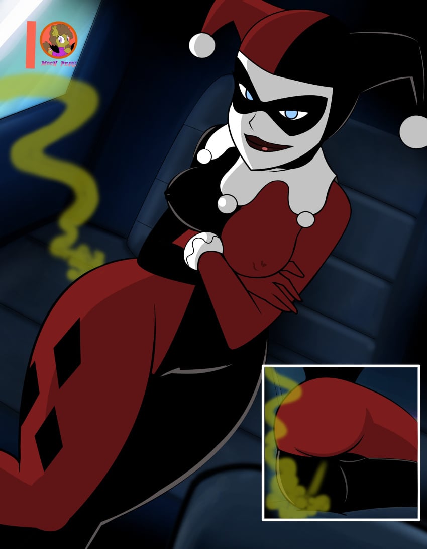 ass ass_focus batman:_the_animated_series batman_(series) blue_eyes breasts bubble_butt clown clown_girl costume crossed_arms dc dc_comics dcau fart fart_cloud fart_fetish farting female harley_quinn harley_quinn_(classic) huge_ass indoors large_ass large_breasts makeup masked_female moon_pearl naughty_face nipples painted_lips seductive seductive_smile sitting smile thick_ass two_tone_clothing warner_brothers white_face