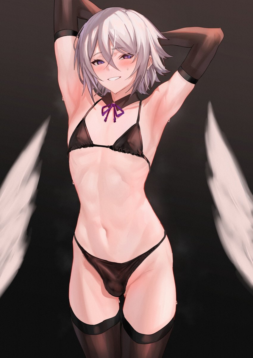 1boy armpits arms_behind_head arms_up bangs bikini black_background black_bikini blurry blurry_foreground blush bulge covered_nipples cowboy_shot crossdressing elbow_gloves erection erection_under_clothes eyebrows_visible_through_hair fate/grand_order fate_(series) femboy gao_changgong_(fate) girly gloves gradient gradient_background grey_background grey_hair hair_between_eyes highres looking_at_viewer male male_focus male_only medium_hair navel neck_ribbon otoko_no_ko parted_lips prince_of_lan_ling_(fate) purple_eyes ribbon sidelocks solo standing stomach sweat sweatdrop swimsuit teeth thighhighs thighs trap ulrich_(tagaragakuin)