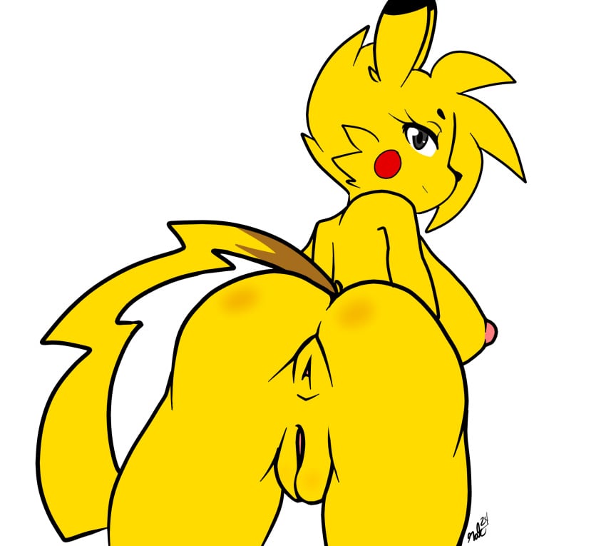 anthro anthrofied anus ass breasts female fur furry furry_only genitals hi_res justtaylor looking_at_viewer looking_back nintendo nipples nude pikachu pokémon_(species) pokémorph pokemon pussy rear_view solo tail video_games yellow_body