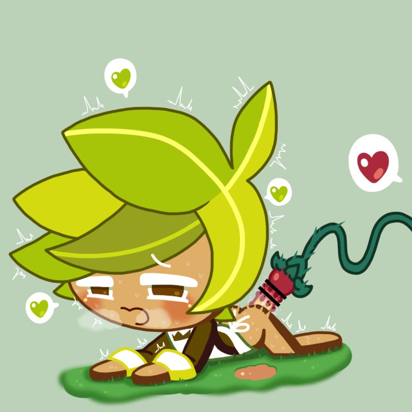 1boy anal anal_sex apron blush bottomless brown_eyes clothing cookie_run grass green_hair hair heart herb_cookie leaf_hair looking_pleasured lorennsfw male male_only mob_face on_ground open_mouth outside partially_clothed plant plant_monster plant_tentacle short_hair simple_background speech_bubble steam steamy_breath sweat tan_body tentacle tentacle_sex trembling