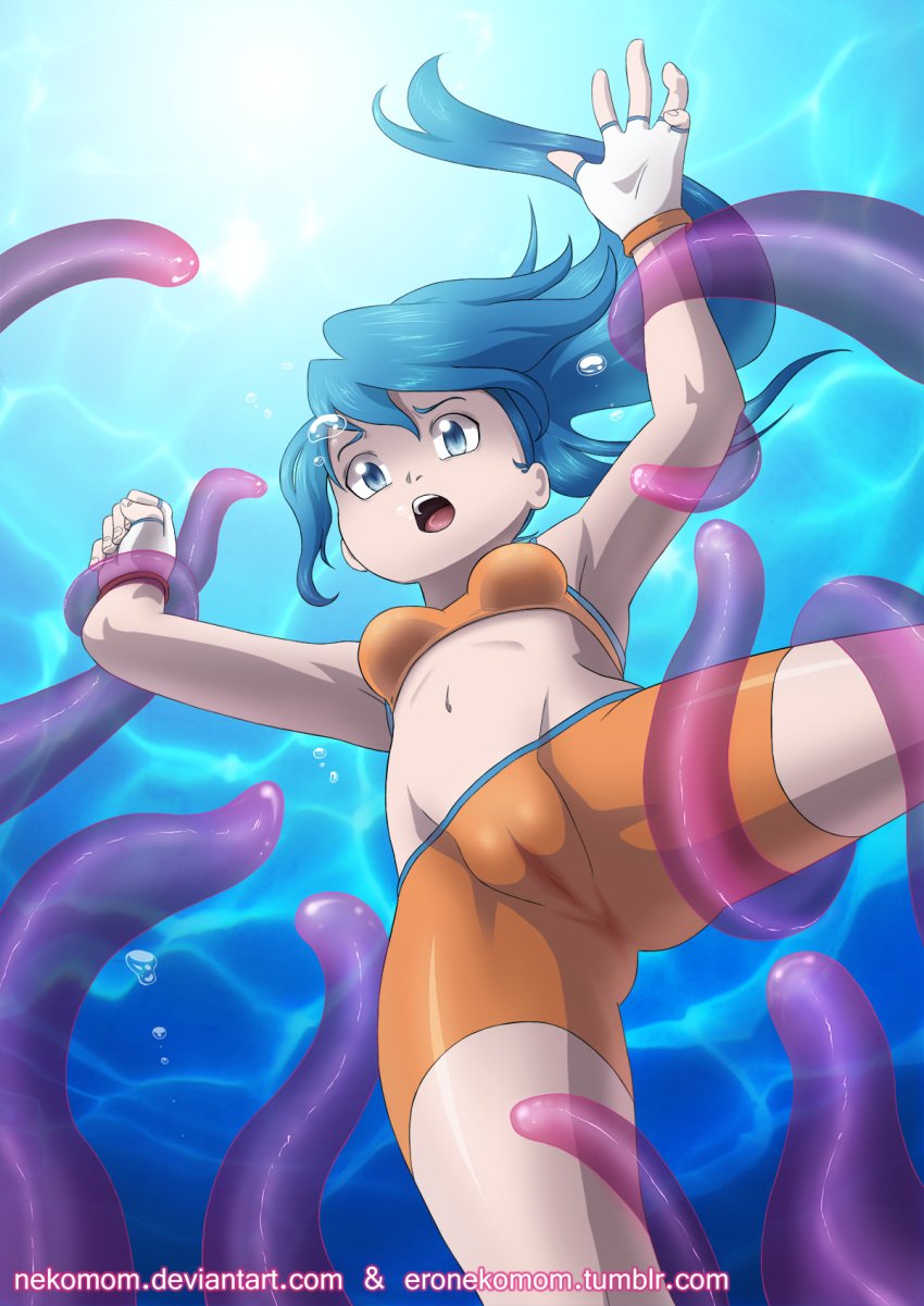 1girls asphyxiation battle_girl_(pokemon) battle_girl_(pokemon_oras) bra cameltoe drowning gloves imminent_rape nekomom nintendo npc_trainer pokemon pokemon_oras restrained shauna_(hoenn) solo_female solo_focus sports_bra sportswear tentacle translucent_tentacles underwater url water