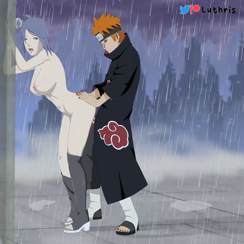 1boy 1girls against_wall akatsuki_(naruto) big_breasts black_eyes blue_hair boots breasts cloak clothed/nude clothed_male_nude_female clothed_sex duo full_body konan long_hair luthris male/female moaning naked_female naruto naruto_(series) naruto_shippuden orange_eyes orange_hair outdoor_sex outdoors pain_(naruto) piercing purple_sclera raining rinnegan sex short_hair side_view sideboob straight water_drop