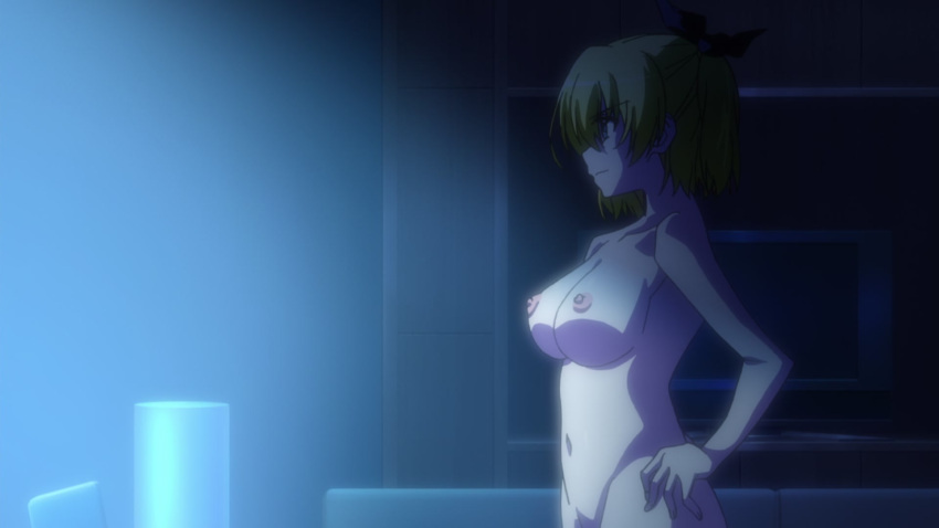 1girls big_breasts blonde_hair blue_eyes breasts busty dakara_boku_wa_h_ga_dekinai female female_only fukumune_iria hands_on_hips highres large_breasts navel nipples nude pose posing screencap sensual short_hair sidelocks smile solo voluptuous