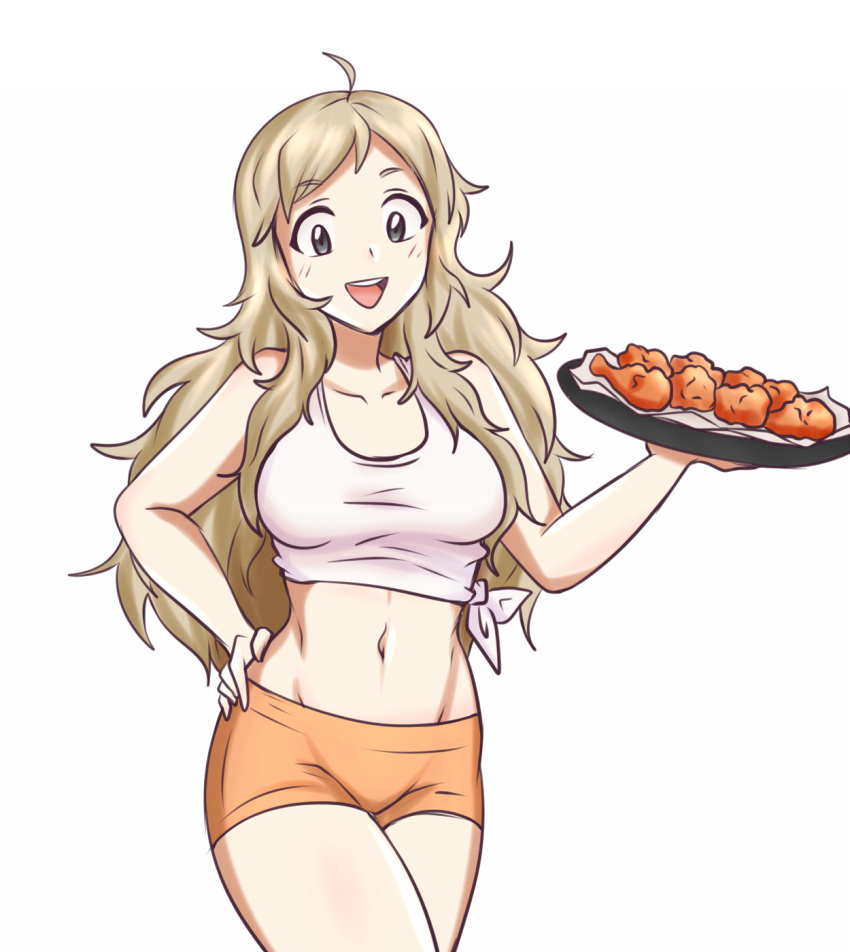 1girls alternate_costume bangs bare_midriff bare_shoulders blonde_hair breasts chicken_wing female female female_only fire_emblem fire_emblem_fates food grey_eyes hayato_stuff highres hooters long_hair looking_at_viewer medium_breasts midriff navel nintendo ophelia_(fire_emblem) short_shorts shorts solo upper_body waitress