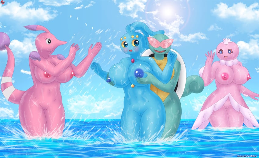 anthro big_breasts blue_body blue_nipples blush breast_grab breasts eyewear female female/female frillish genitals gorebyss grabbing_from_behind green_body group hand_on_breast legendary_pokémon manaphy marine nintendo nipples nude open_mouth open_smile pink_body pink_eyewear pink_nipples pink_sunglasses pokémon_(species) pokemon pussy red_nipples reptile scalie shinn smile splashing_water squirtle sunglasses video_games water wet