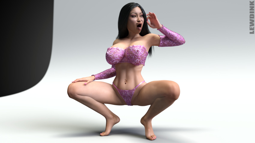 3d abs absurdres ass belly_piercing black_hair breasts brown_eyes fake_nails handjob hands_up highres huge_breasts implied_fellatio lewdink lingerie lips looking_at_viewer mature_female milf muscular navel nipples original piercing ribs see-through smirk squatting thong toned tongue tongue_out tongue_piercing underwear white_background