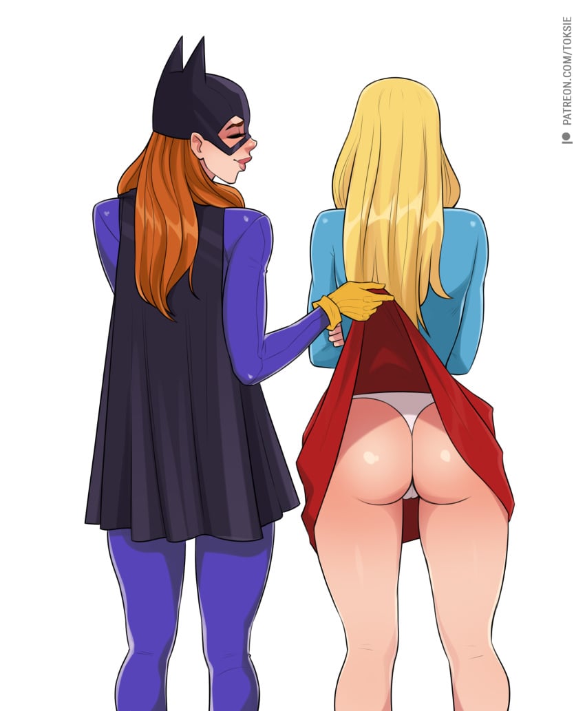 2d 2girls animal_ears ass assisted_exposure barbara_gordon bat_ears batgirl batman_(series) big_ass blonde_hair blue_clothing blush cameltoe cape closed_eyes clothed clothed_female clothing dc dc_comics duo eyelashes female female_only fully_clothed hair human human_only kara_danvers kara_zor-el kryptonian legs light-skinned_female light_skin lips long_hair mask miniskirt multiple_girls orange_hair panties patreon plain_background rear_view red_clothing red_hair shiny_hair shiny_skin skirt skirt_lift skirt_up standing staring staring_at_ass straight_hair supergirl superheroine superman_(series) thong toksie underwear upskirt url violet_clothing watermark white_background white_panties white_underwear yuri